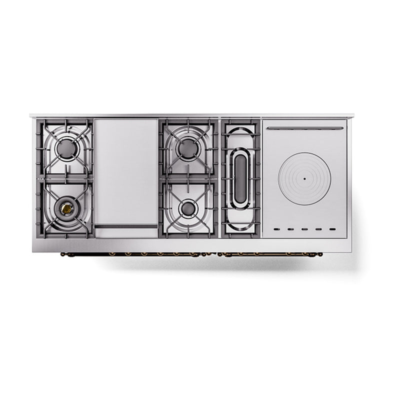 ILVE 60-Inch Nostalgie II Noblesse Dual Fuel Range with 7 Sealed Burners, Gridlde, French Top, and Solid Door Oven in Glossy Black with Bronze Trim (UN60FSQNMPBKB)