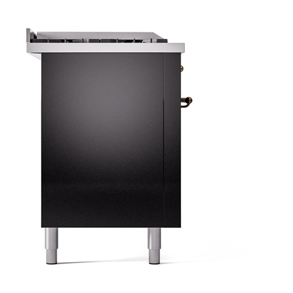 Glossy black oven door panel with bronze handle on a dual fuel range