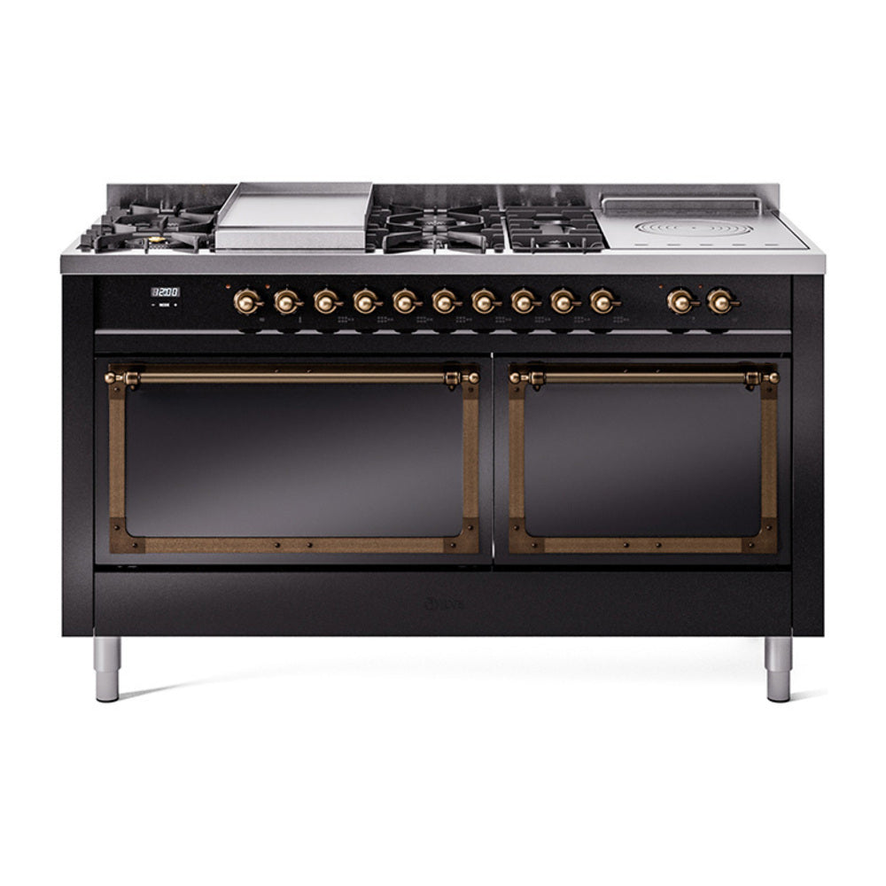 Black dual-fuel range with bronze-trim control knobs and sealed burners