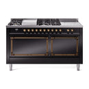 ILVE 60-Inch Nostalgie II Noblesse Natural Gas Dual Fuel Range with 7 Sealed Burners, Gridlde, French Top, and Solid Door Oven in Glossy Black with Bronze Trim (UN60FSQNMPBKB)