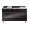 ILVE 60-Inch Nostalgie II Noblesse Natural Gas Dual Fuel Range with 7 Sealed Burners, Gridlde, French Top, and Solid Door Oven in Glossy Black with Bronze Trim (UN60FSQNMPBKB)