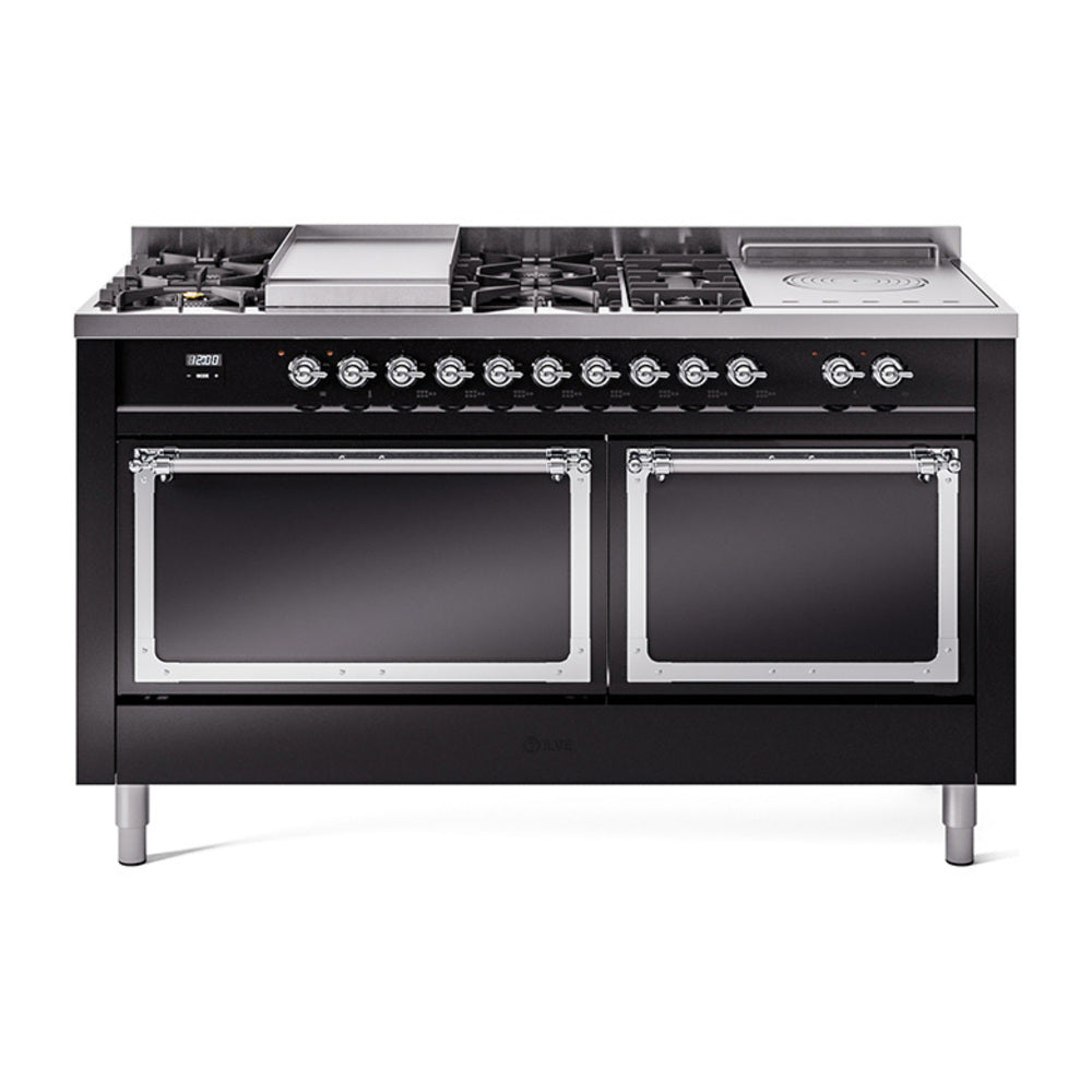 ILVE dual fuel range, glossy black with chrome trim and two oven doors