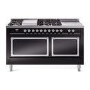 ILVE 60-Inch Nostalgie II Noblesse Propane Gas Dual Fuel Range with 7 Sealed Burners, Griddle, French Top, and Solid Door Oven in Glossy Black with Chrome Trim (UN60FSQNMPBKCLP)
