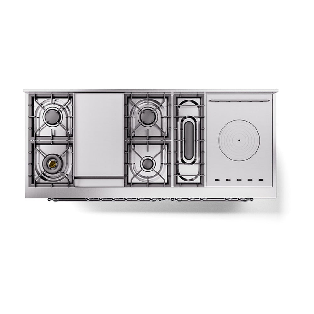 ILVE dual fuel range layout showing burners, griddle, and french-top style section