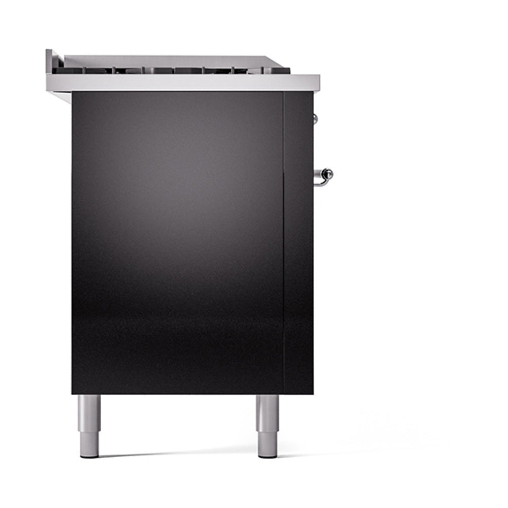 Black range side panel with chrome-trim top and stainless leveling feet.