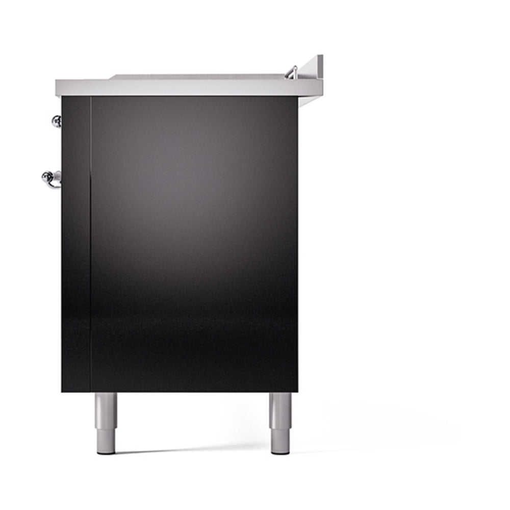 ILVE dual fuel range back view with glossy black side panel and control outlets