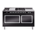 ILVE 60-Inch Nostalgie II Noblesse Natural Gas Dual Fuel Range with 7 Sealed Burners, Griddle, French Top, and Solid Door Oven in Glossy Black with Chrome Trim (UN60FSQNMPBKC)