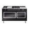 ILVE 60-Inch Nostalgie II Noblesse Natural Gas Dual Fuel Range with 7 Sealed Burners, Griddle, French Top, and Solid Door Oven in Glossy Black with Chrome Trim (UN60FSQNMPBKC)