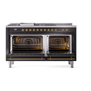 ILVE 60-Inch Nostalgie II Noblesse Natural Gas Dual Fuel Range with 7 Sealed Burners, Gridlde, French Top, and Solid Door Oven in Glossy Black with Brass Trim (UN60FSQNMPBKG)