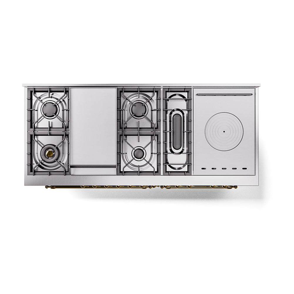 Range top cutaway showing burners, griddle, and French-top layout in stainless