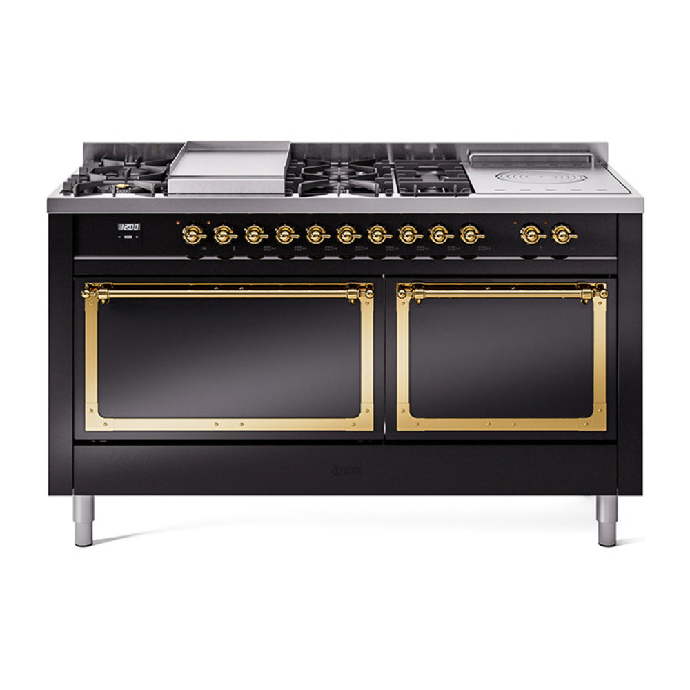 Glossy black gas range with brass-trimmed burner knobs and double oven doors