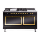 ILVE 60-Inch Nostalgie II Noblesse Natural Gas Dual Fuel Range with 7 Sealed Burners, Gridlde, French Top, and Solid Door Oven in Glossy Black with Brass Trim (UN60FSQNMPBKG)