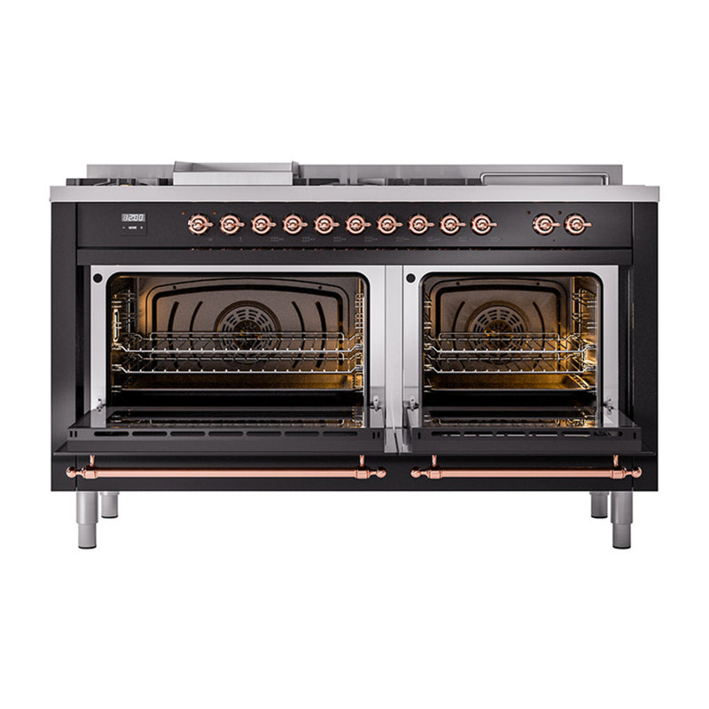 ILVE 60-Inch Nostalgie II Noblesse Dual Fuel Range with 7 Sealed Burners, Gridlde, French Top, and Solid Door Oven in Glossy Black with Copper Trim (UN60FSQNMPBKP)
