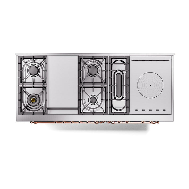 ILVE 60-Inch Nostalgie II Noblesse Dual Fuel Range with 7 Sealed Burners, Gridlde, French Top, and Solid Door Oven in Glossy Black with Copper Trim (UN60FSQNMPBKP)