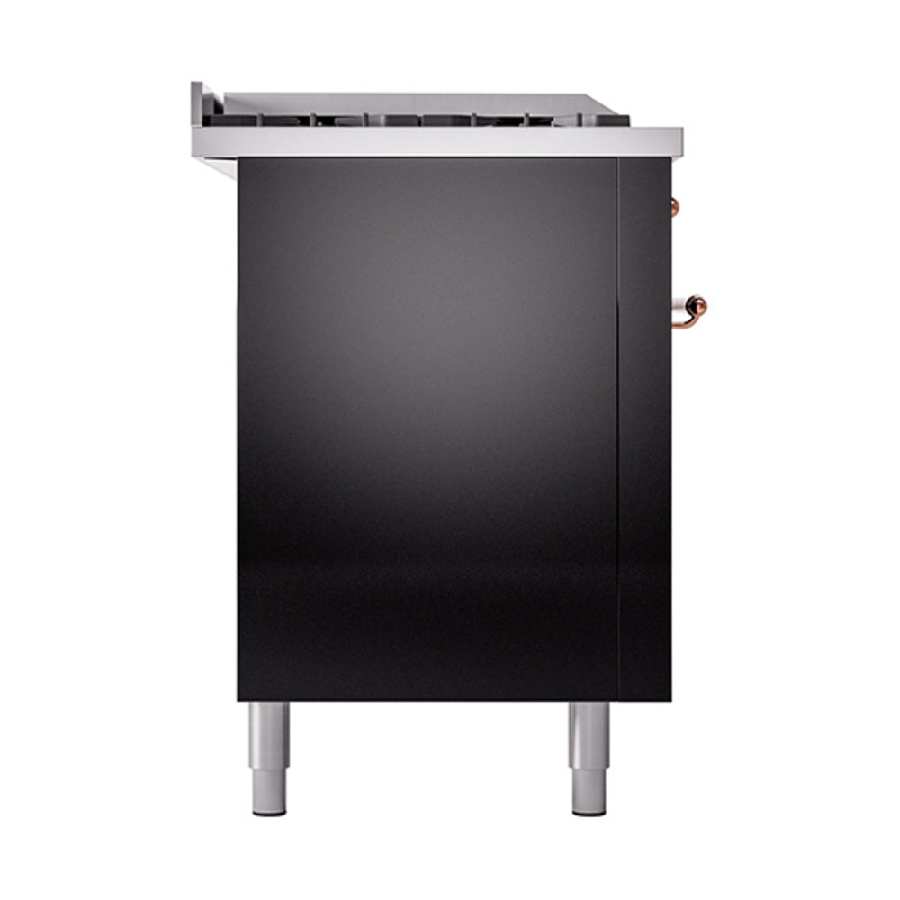 Glossy black dual-fuel range with copper handle, stainless backguard, and side panel