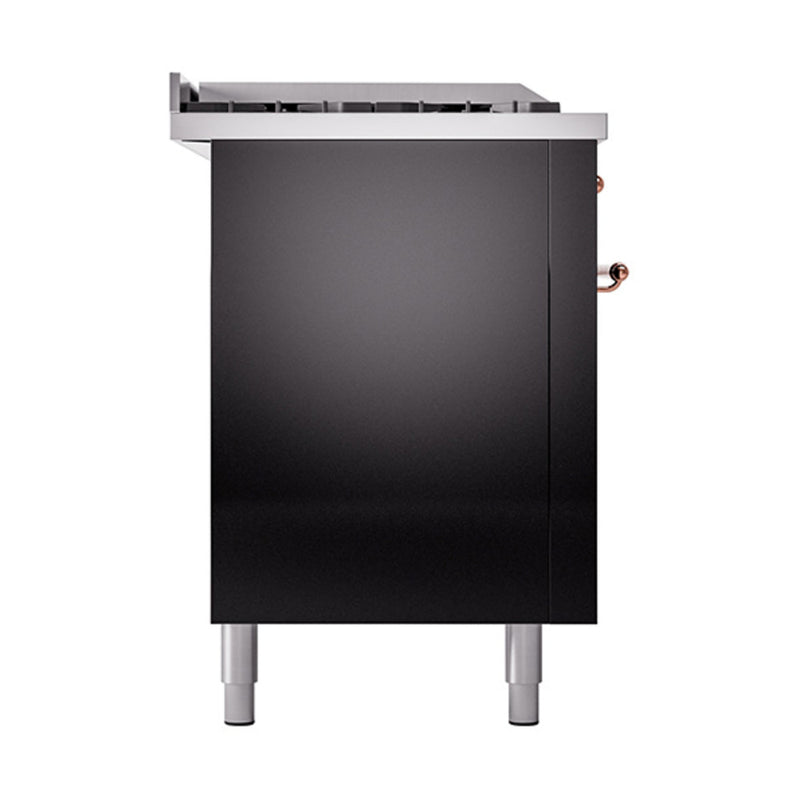 ILVE 60-Inch Nostalgie II Noblesse Dual Fuel Range with 7 Sealed Burners, Gridlde, French Top, and Solid Door Oven in Glossy Black with Copper Trim (UN60FSQNMPBKP)