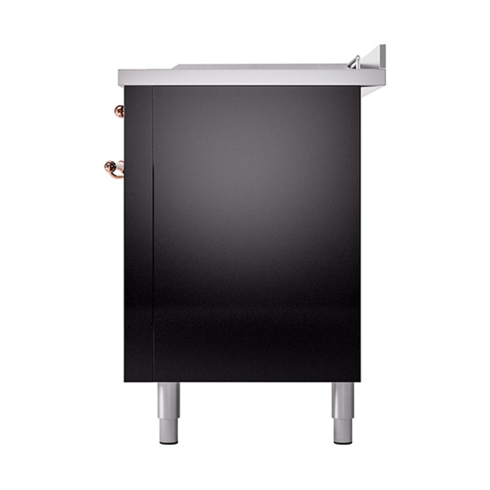 Glossy black dual-fuel range side view with copper knob accents and stainless backguard