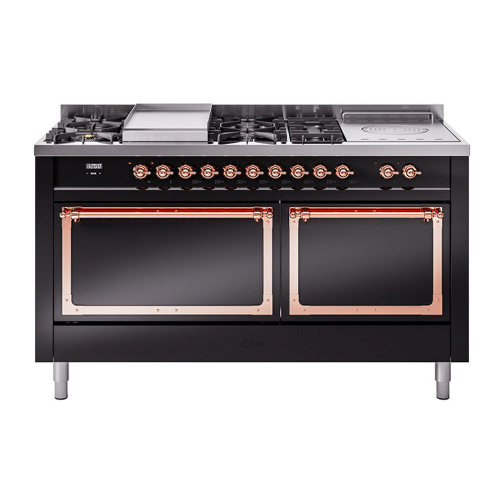 Glossy black dual-fuel range with copper-trimmed knobs and two glass oven doors