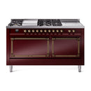 ILVE 60-Inch Nostalgie II Noblesse Natural Gas Dual Fuel Range with 7 Sealed Burners, Gridlde, French Top, and Solid Door Oven in Burgundy with Bronze Trim (UN60FSQNMPBUB)