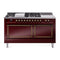 ILVE 60-Inch Nostalgie II Noblesse Natural Gas Dual Fuel Range with 7 Sealed Burners, Gridlde, French Top, and Solid Door Oven in Burgundy with Bronze Trim (UN60FSQNMPBUB)