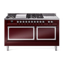 ILVE 60-Inch Nostalgie II Noblesse Dual Fuel Range with 7 Sealed Burners, Gridlde, French Top, and Solid Door Oven in Burgundy with Chrome Trim (UN60FSQNMPBUC)