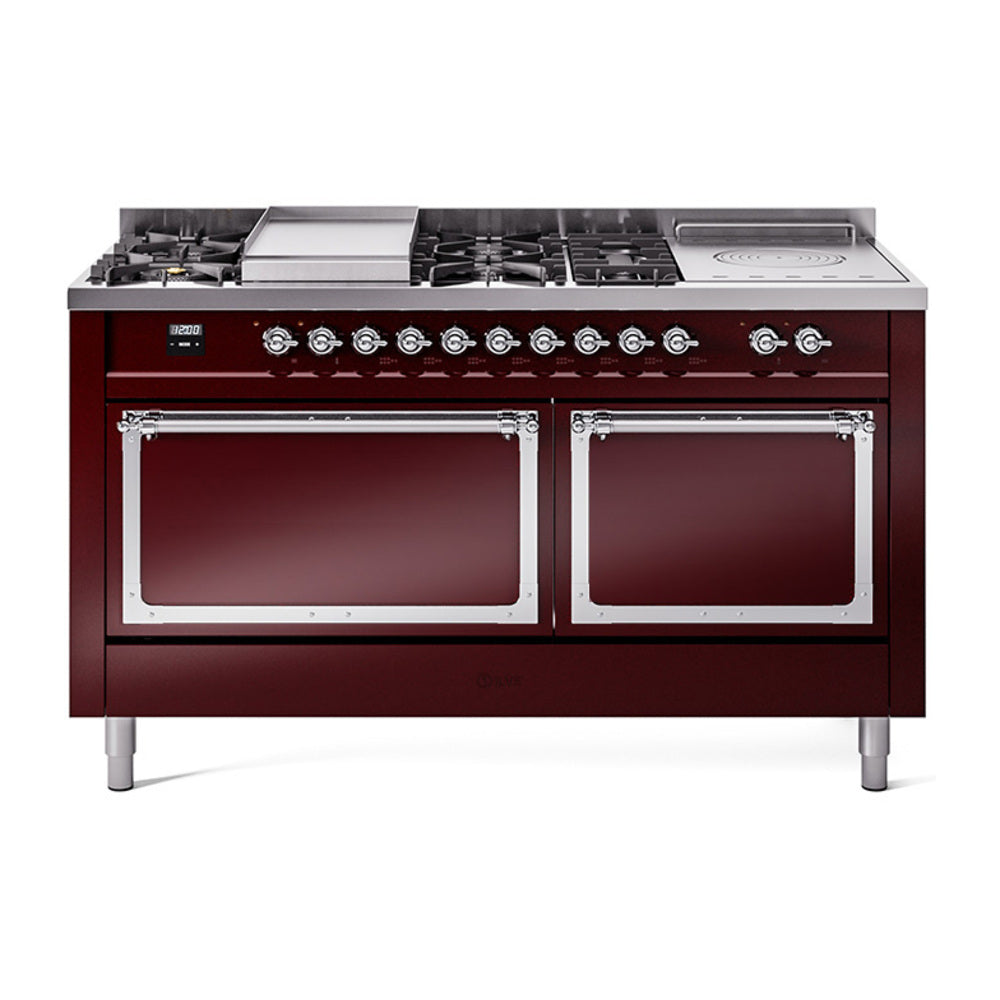 Burgundy dual-fuel range with chrome trim, two oven doors and control knobs