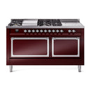 ILVE 60-Inch Nostalgie II Noblesse Propane Gas Dual Fuel Range with 7 Sealed Burners, Gridlde, French Top, and Solid Door Oven in Burgundy with Chrome Trim (UN60FSQNMPBUCLP)
