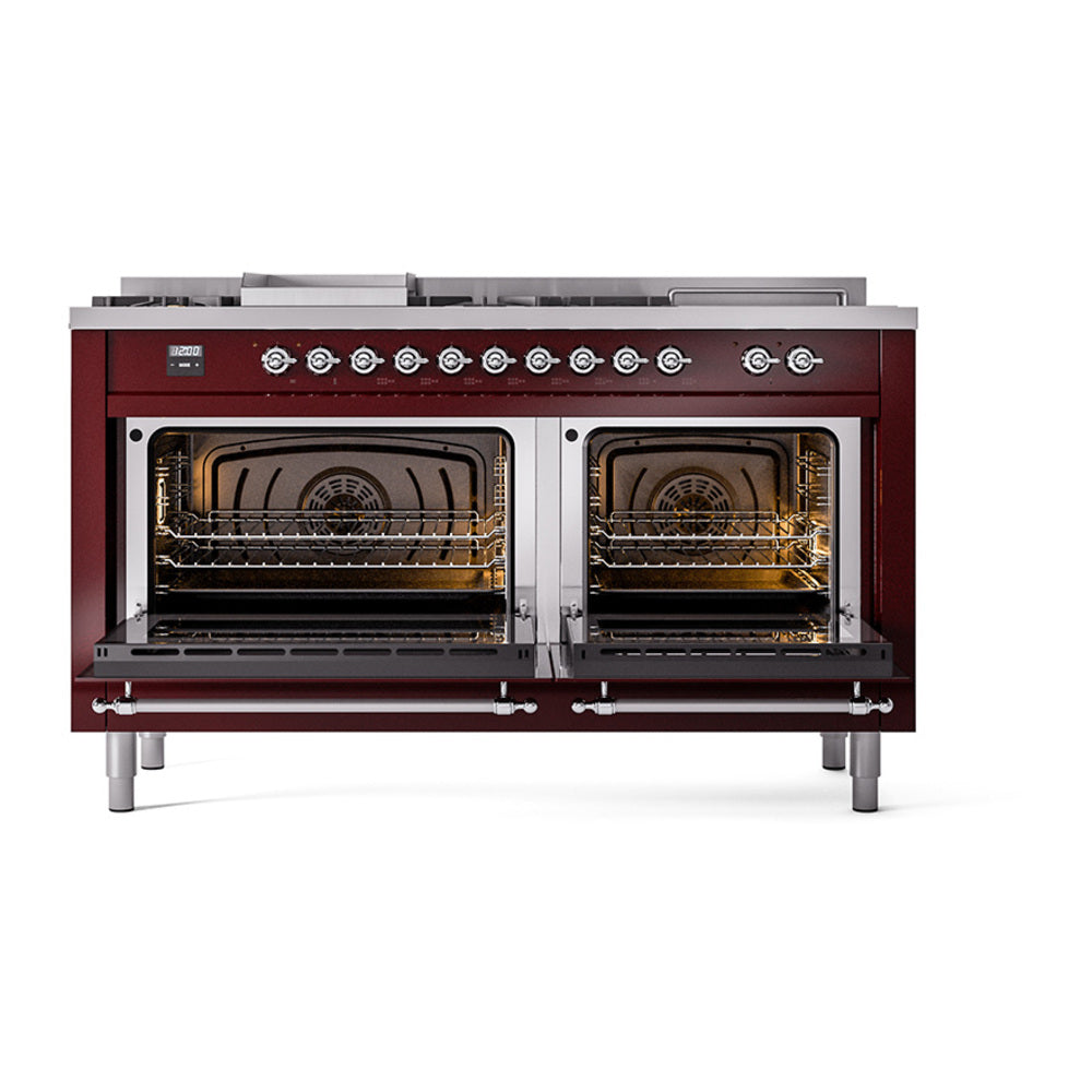 Burgundy dual-fuel range with two open ovens showing racks and heating elements