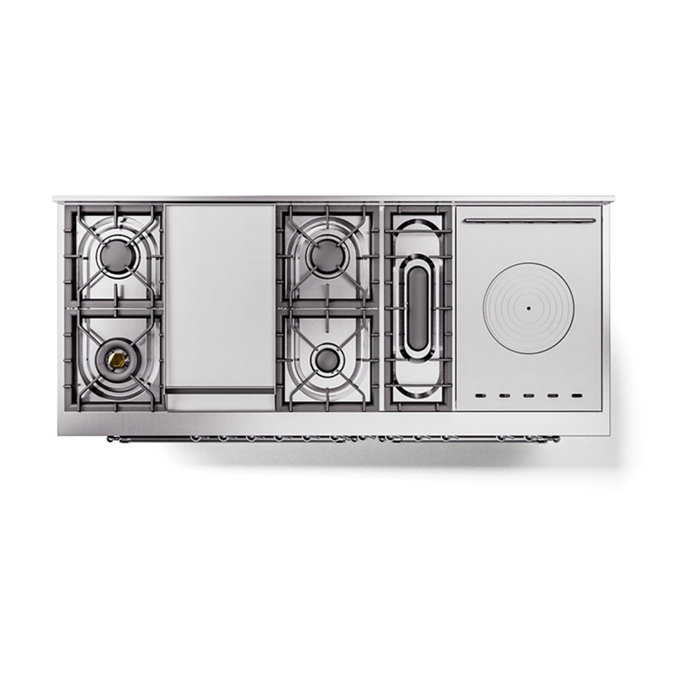 Dual fuel range cooktop layout with burners, French top, and griddle section