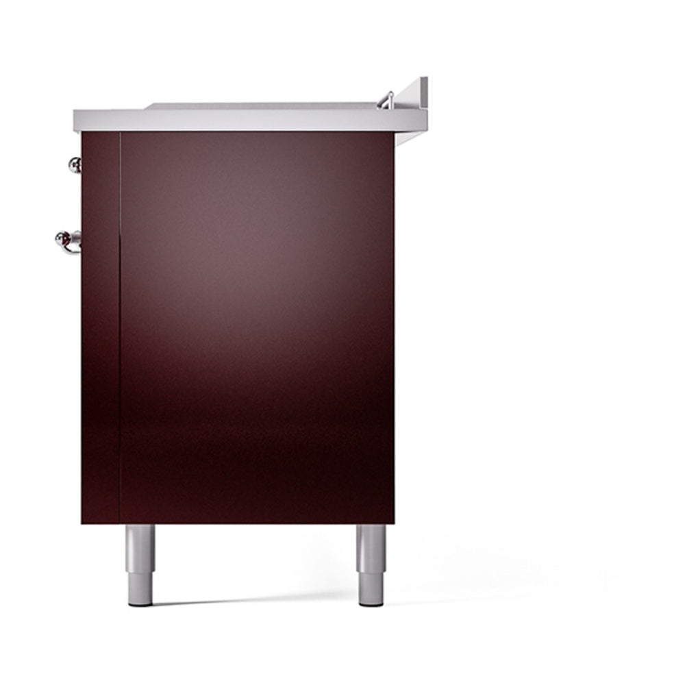 Burgundy solid door oven cabinet with chrome side handle and flat stainless top