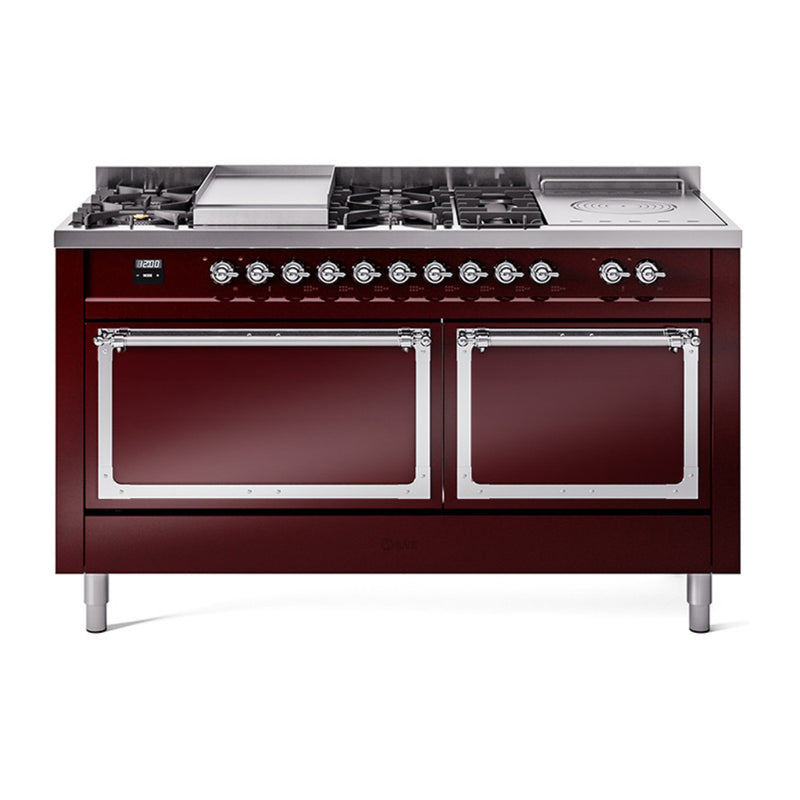 ILVE 60-Inch Nostalgie II Noblesse Dual Fuel Rangewith 7 Sealed Burners, Gridlde, French Top, and Solid Door Oven in Burgundy with Chrome Trim (UN60FSQNMPBUC)