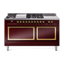 ILVE 60-Inch Nostalgie II Noblesse Propane Gas Dual Fuel Range with 7 Sealed Burners, Gridlde, French Top, and Solid Door Oven in Burgundy with Brass Trim (UN60FSQNMPBUGLP)