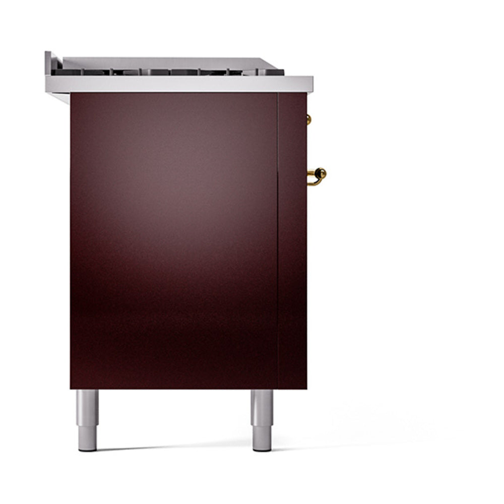 Left-side view of burgundy solid door oven module with brass handle and stainless top
