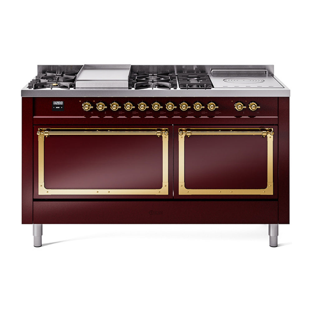 Burgundy dual fuel range with brass-trim doors and control knobs
