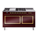 ILVE 60-Inch Nostalgie II Noblesse Natural Gas Dual Fuel Range with 7 Sealed Burners, Gridlde, French Top, and Solid Door Oven in Burgundy with Brass Trim (UN60FSQNMPBUG)
