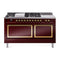 ILVE 60-Inch Nostalgie II Noblesse Natural Gas Dual Fuel Range with 7 Sealed Burners, Gridlde, French Top, and Solid Door Oven in Burgundy with Brass Trim (UN60FSQNMPBUG)