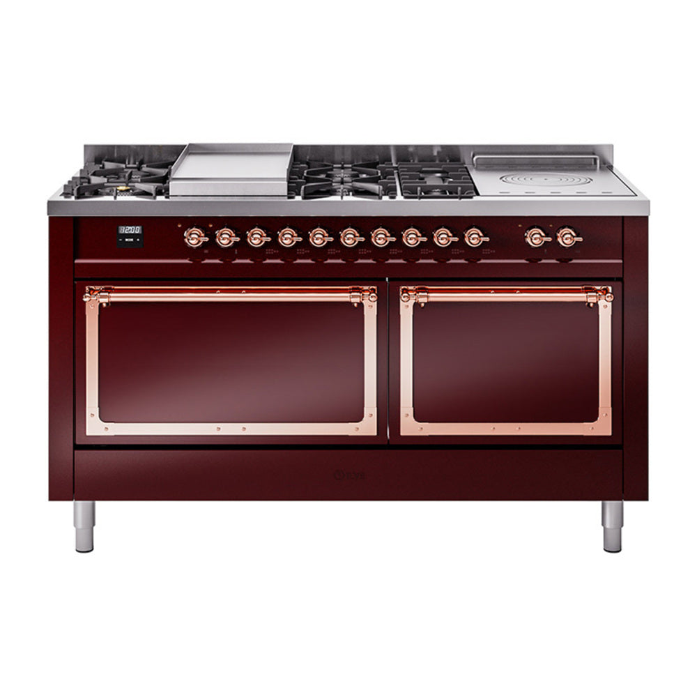 Burgundy dual fuel range with two oven doors, six burners, and control knobs
