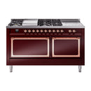 ILVE 60-Inch Nostalgie II Noblesse Natural Gas Dual Fuel Range with 7 Sealed Burners, Gridlde, French Top, and Solid Door Oven in Burgundy with Copper Trim (UN60FSQNMPBUP)