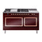 ILVE 60-Inch Nostalgie II Noblesse Natural Gas Dual Fuel Range with 7 Sealed Burners, Gridlde, French Top, and Solid Door Oven in Burgundy with Copper Trim (UN60FSQNMPBUP)