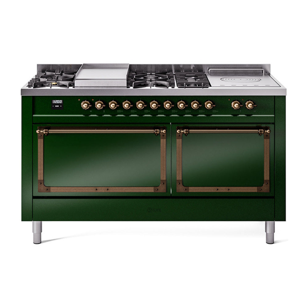 Emerald green dual fuel range with bronze control knobs and closed oven doors
