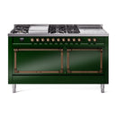 ILVE 60-Inch Nostalgie II Noblesse Natural Gas Dual Fuel Range with 7 Sealed Burners, Gridlde, French Top, and Solid Door Oven in Emerald Green with Bronze Trim (UN60FSQNMPEGB)