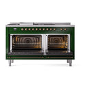 ILVE 60-Inch Nostalgie II Noblesse Natural Gas Dual Fuel Range with 7 Sealed Burners, Gridlde, French Top, and Solid Door Oven in Emerald Green with Bronze Trim (UN60FSQNMPEGB)