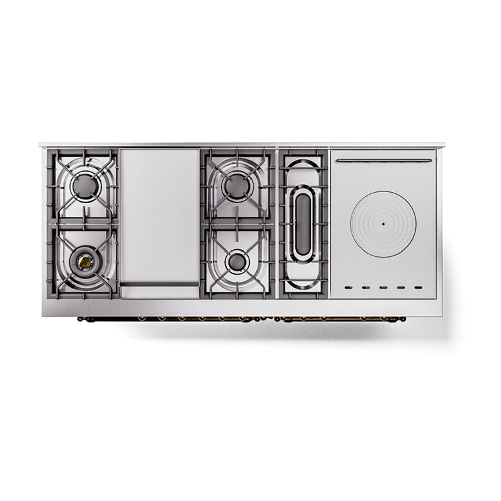 Emerald green gas range side section showing burner layout and French-top area