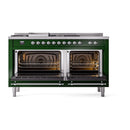 ILVE 60-Inch Nostalgie II Noblesse Dual Fuel Range with 7 Sealed Burners, Gridlde, French Top, and Solid Door Oven in Emerald Green with Chrome Trim (UN60FSQNMPEGC)