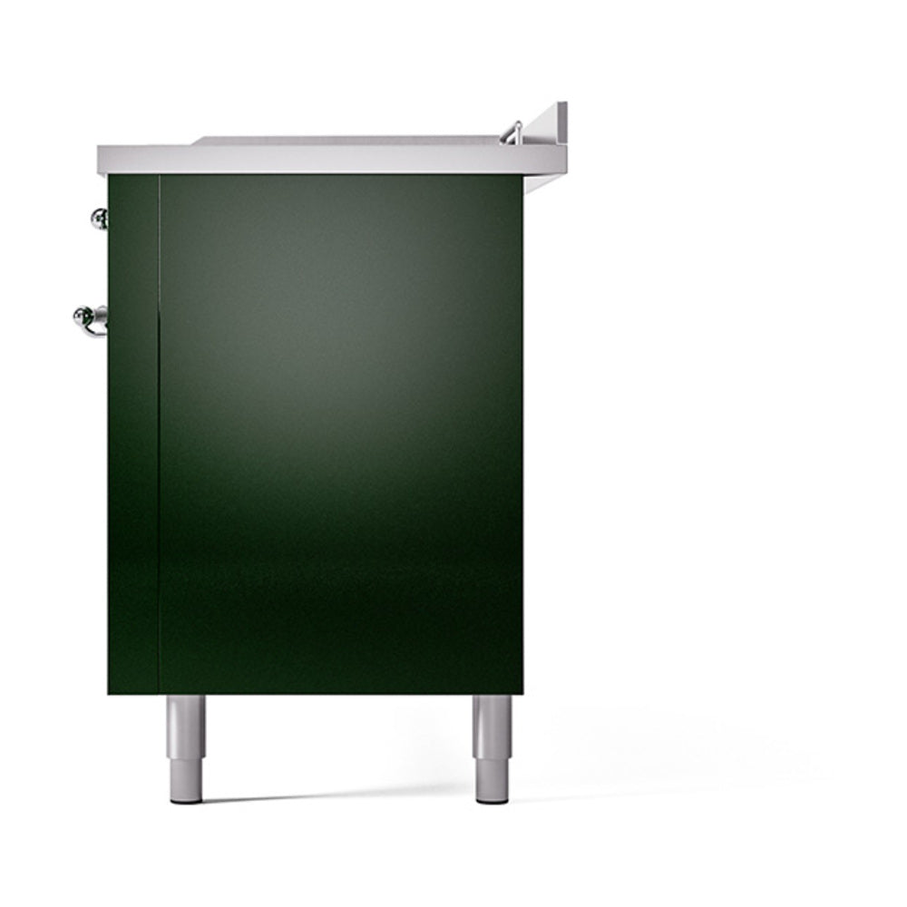 Emerald green range back panel with chrome side trim and leveling feet