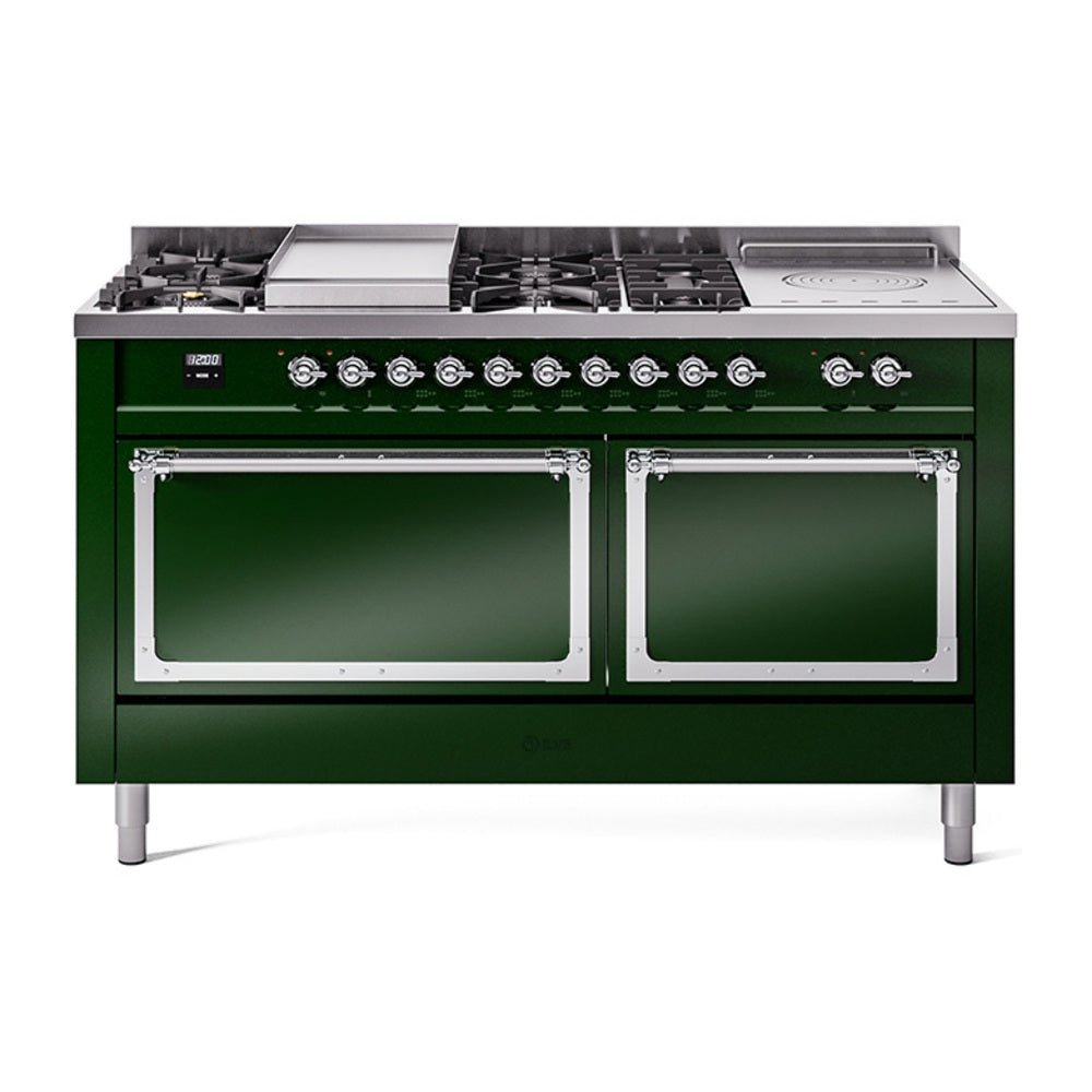 Emerald green dual fuel range with chrome trim, front view, burner knobs and griddle lid