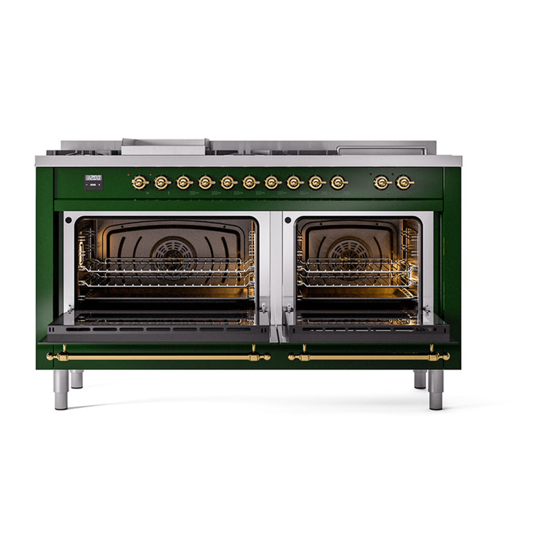 ILVE 60-Inch Nostalgie II Noblesse Dual Fuel Rangewith 7 Sealed Burners, Gridlde, French Top, and Solid Door Oven in Emerald Green with Brass Trim (UN60FSQNMPEGG)