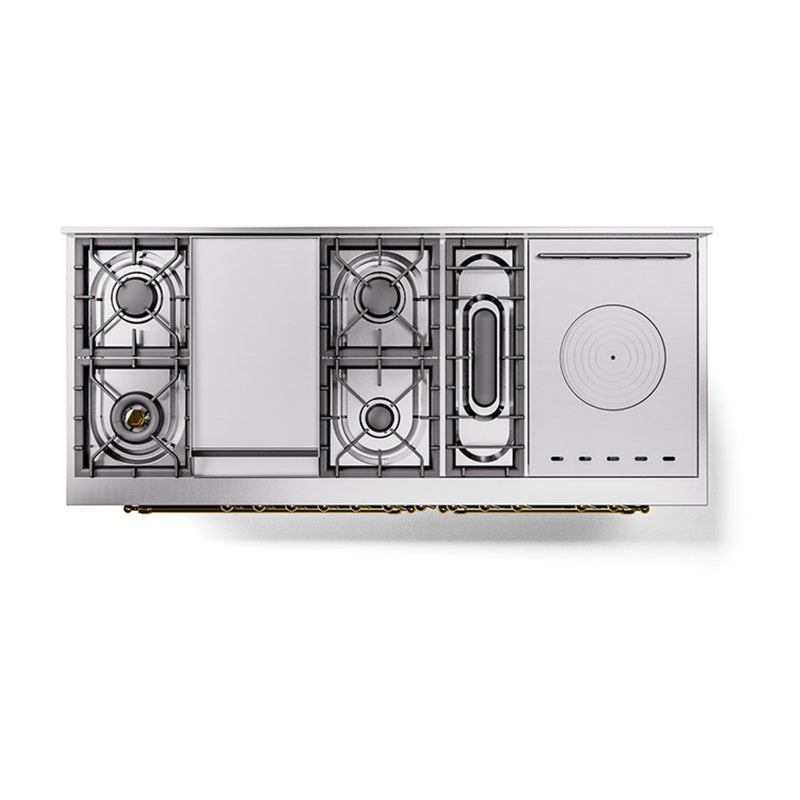 ILVE 60-Inch Nostalgie II Noblesse Dual Fuel Rangewith 7 Sealed Burners, Gridlde, French Top, and Solid Door Oven in Emerald Green with Brass Trim (UN60FSQNMPEGG)