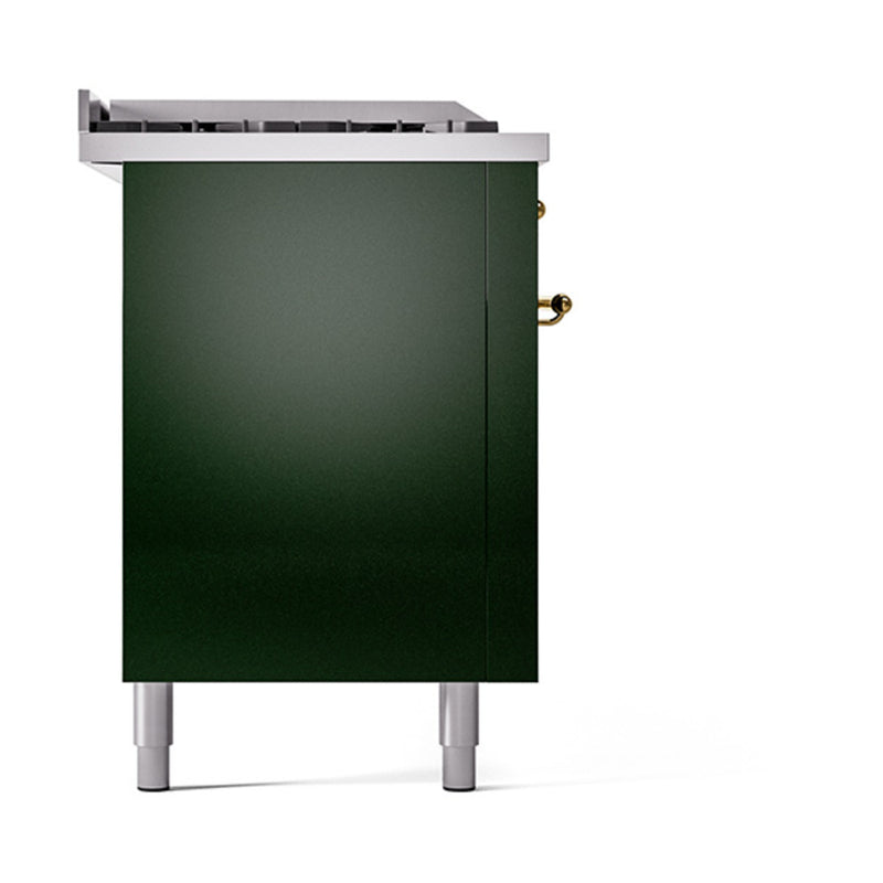 ILVE 60-Inch Nostalgie II Noblesse Dual Fuel Rangewith 7 Sealed Burners, Gridlde, French Top, and Solid Door Oven in Emerald Green with Brass Trim (UN60FSQNMPEGG)