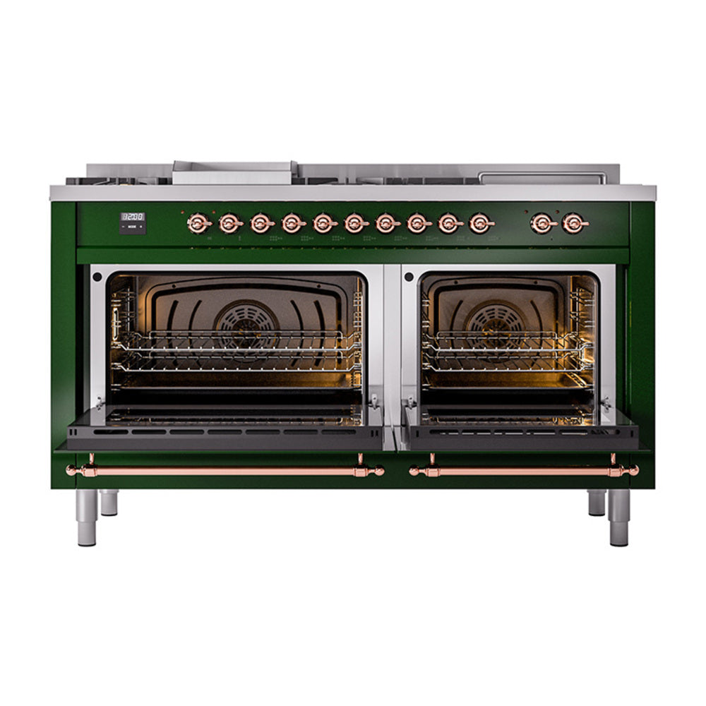 Emerald green dual fuel range with copper trim and open oven doors showing racks.